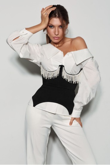 Figured belt corset with pearl fringe