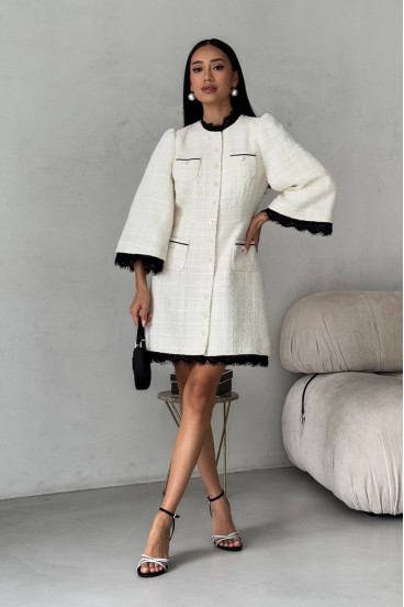 Tweed short dress with patch pockets and lace