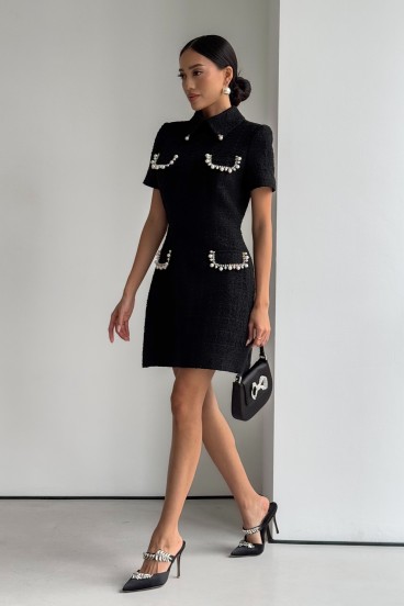 Tweed short dress with flaps, embroidered with pearls and stones
