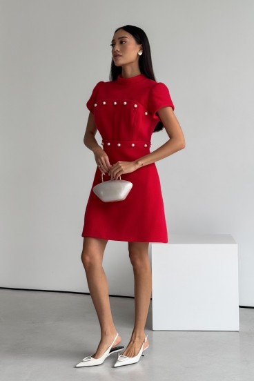 Tweed short dress with detachable skirt, with pearls