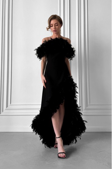 Floor-length dress with a corset and feathers — black, S