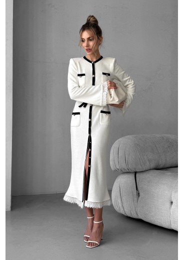 Knitted midi dress with patch pockets, belted, contrast trim and pearls Knitted midi dress with patch pockets, belted, contrast trim and pearls