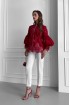 Lace zigzag blouse with puffy sleeves, pearls, stand-up collar