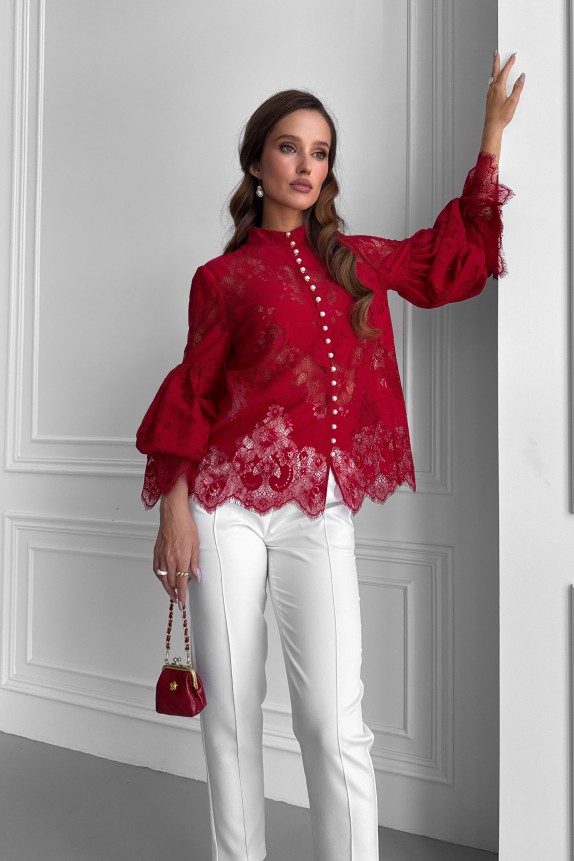Lace zigzag blouse with puffy sleeves, pearls, stand-up collar