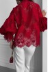 Lace zigzag blouse with puffy sleeves, pearls, stand-up collar