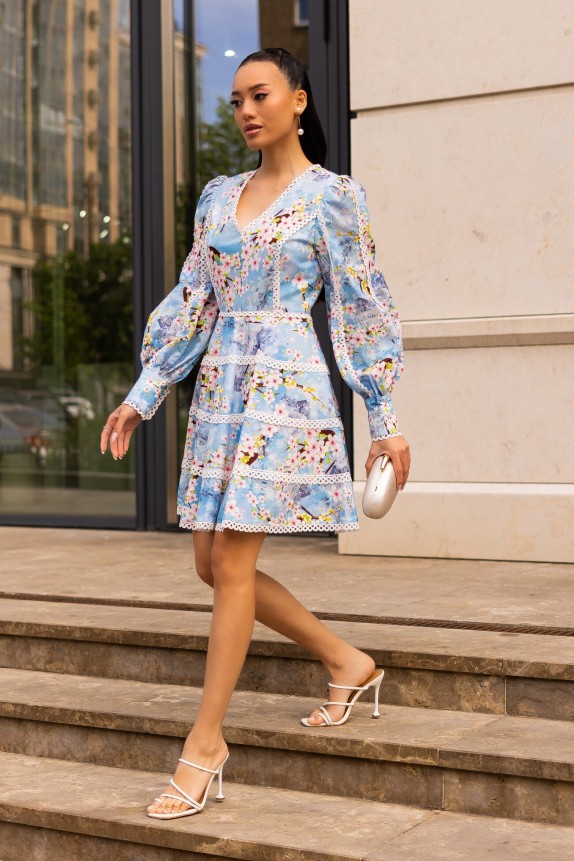 Linen Short Dress with Lace Sakura