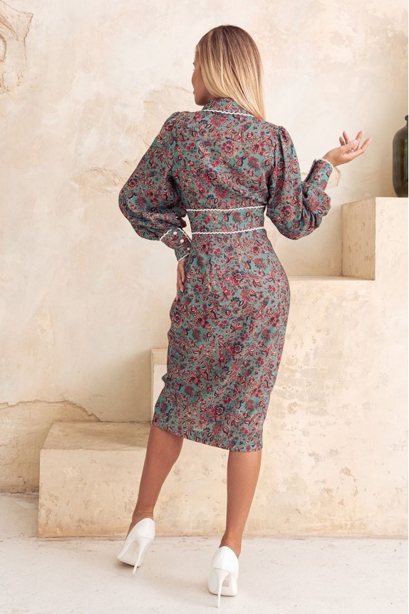 Dress with lace, front closure, made of Italian dress wool