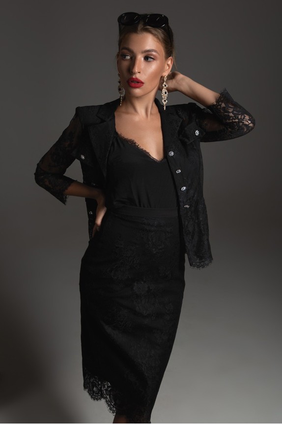 Three piece lace suit: skirt, top, jacket