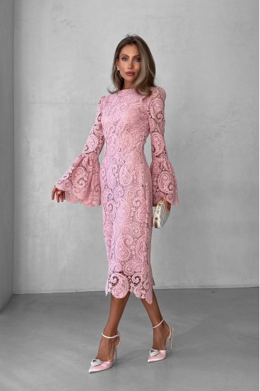 Lace bodycon midi dress with puff sleeves — pink, XS