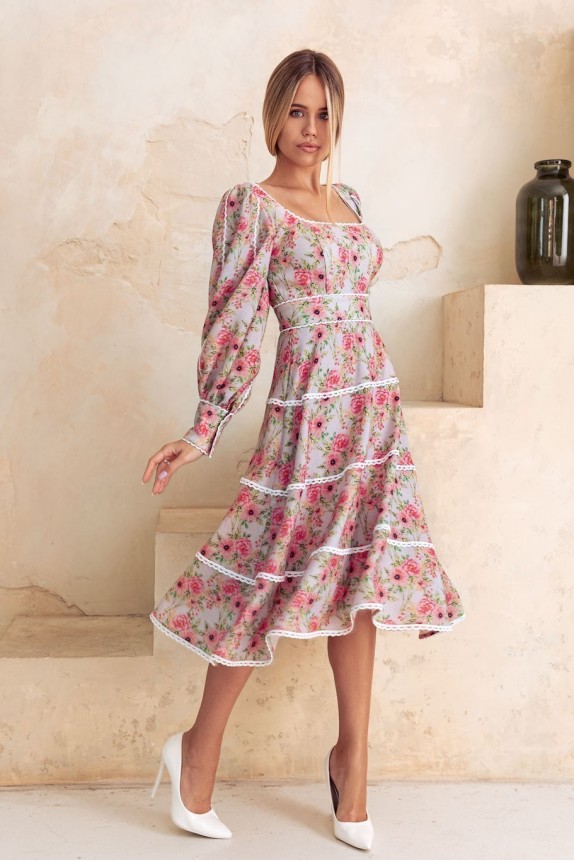 Flared dress with lace, made of Italian dress wool with floral print