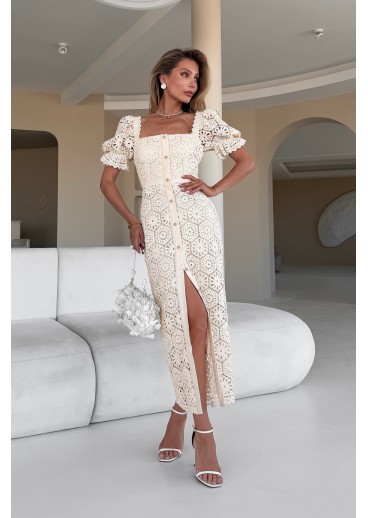 Long, fitted Crochet dress with puff sleeves Long, fitted Crochet dress with puff sleeves