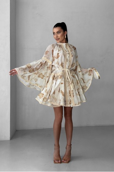 Short printed cotton dress with lace
