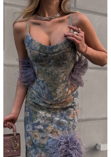 Corset top in Italian printed fabric with feathers