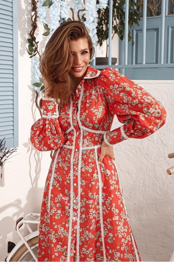 Linen dress shirt with lace Orang midi