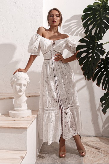 Cotton dress with flashlight sleeves — white, S