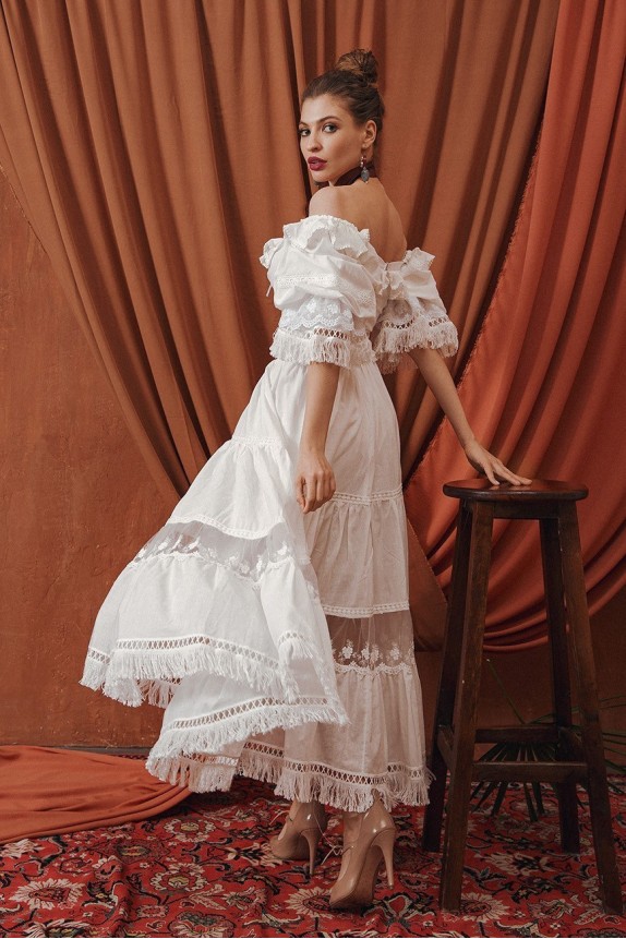 Cotton suit with fringe with skirt