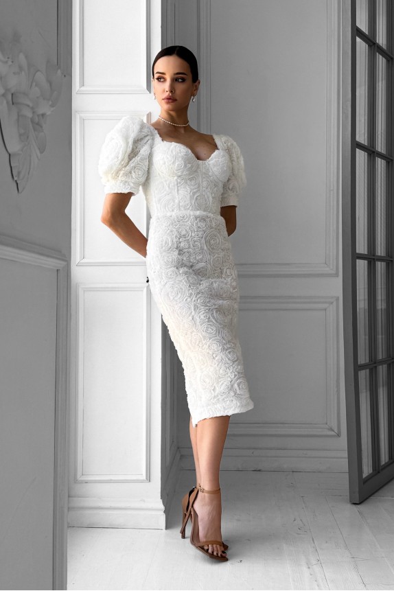 Rosette midi dress with cups and puff sleeves