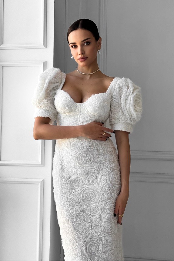 Rosette midi dress with cups and puff sleeves