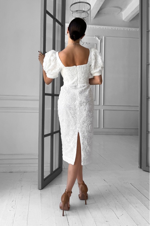 Rosette midi dress with cups and puff sleeves