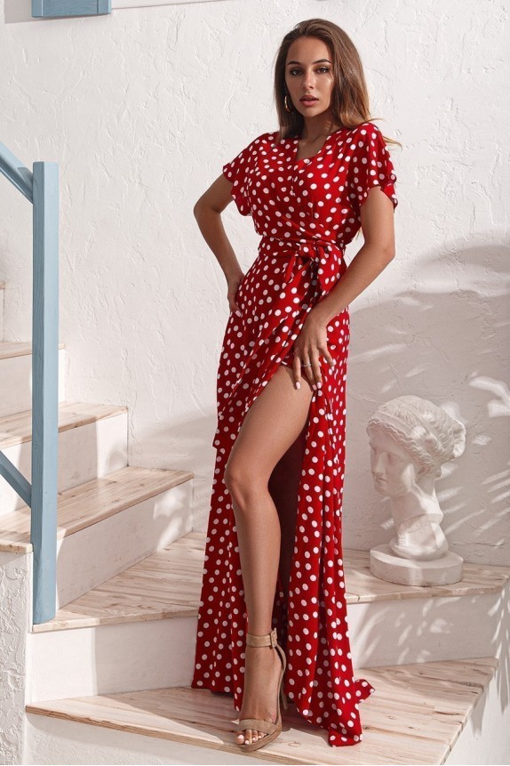 Polka dot wrapover floor-length dress