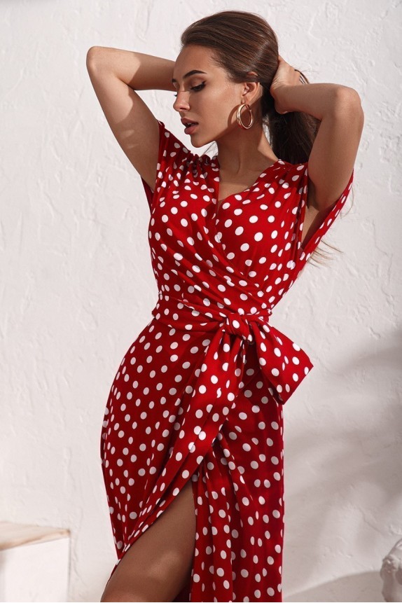 Polka dot wrapover floor-length dress