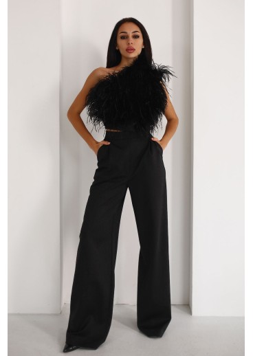 Suit with feathers one shoulder crop top with wide leg pants Suit with feathers one shoulder crop top with wide leg pants