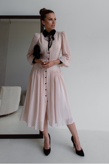 Polka dot chiffon dress with velvet collar and cuffs