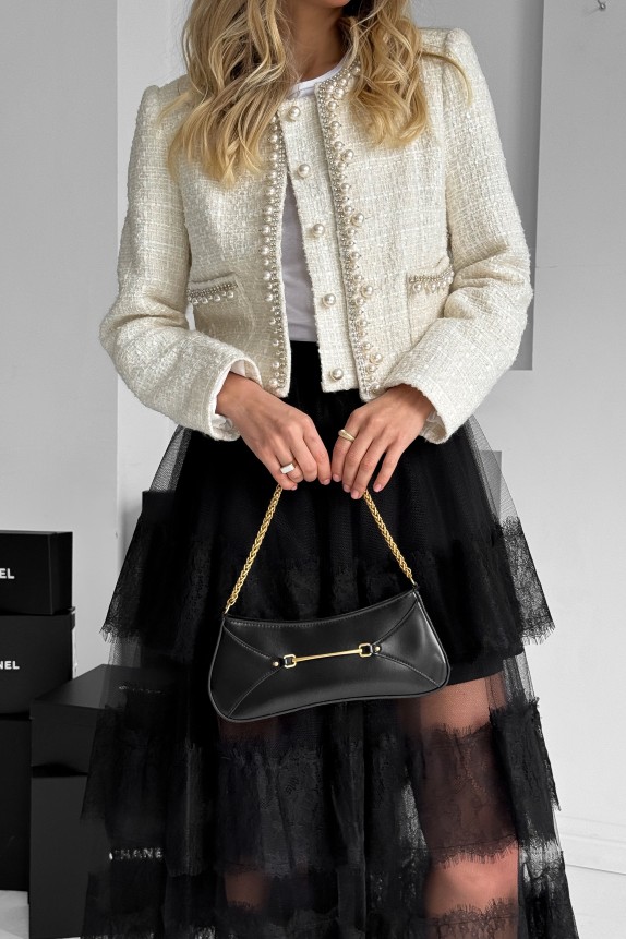 Tweed cotton jacket with double clasp, embroidered with pearls and stones