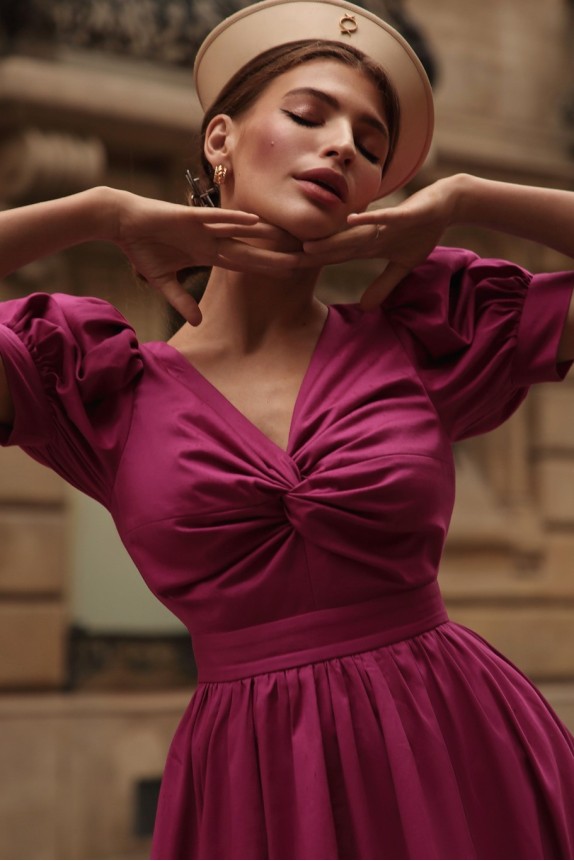 Cotton dress with draped chest