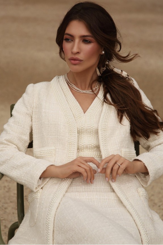 Tweed cardigan with patch pockets and pearl trim