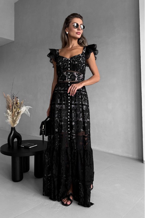 Floor-length lace sundress with wings, with pearls