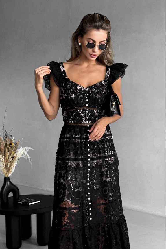 Floor-length lace sundress with wings, with pearls
