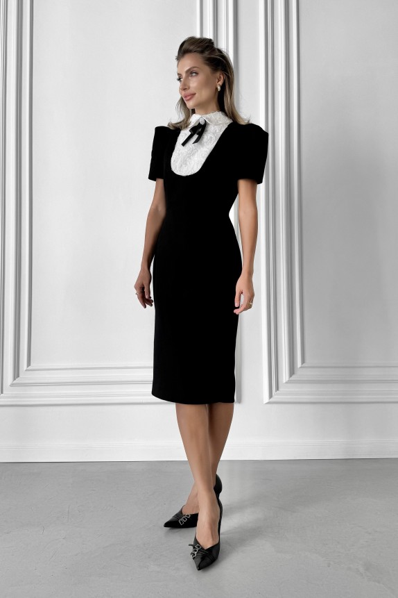 Silhouette midi dress with white jabot Roses