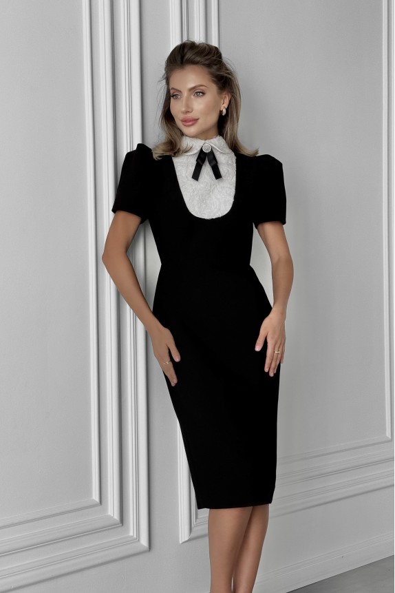 Silhouette midi dress with white jabot Roses