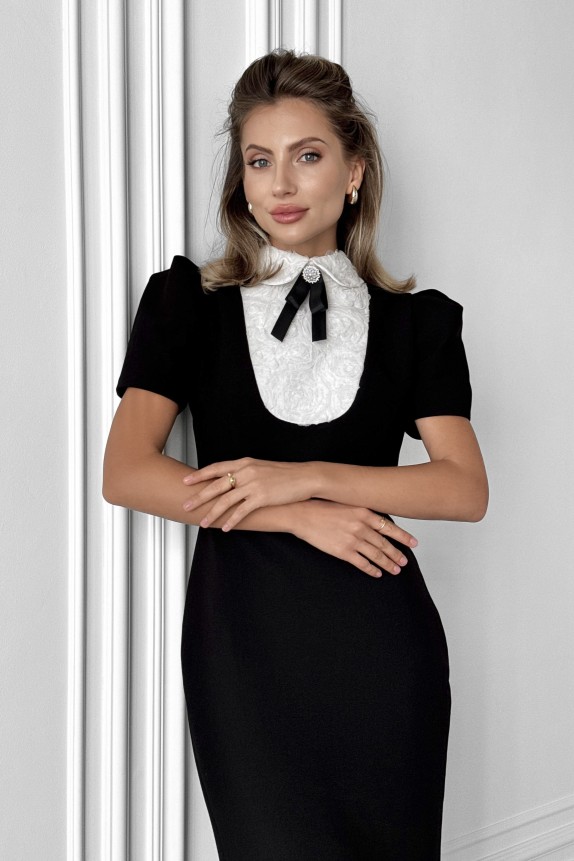 Silhouette midi dress with white jabot Roses