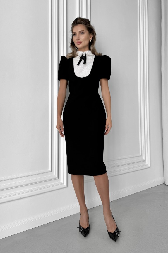 Silhouette midi dress with white jabot Roses