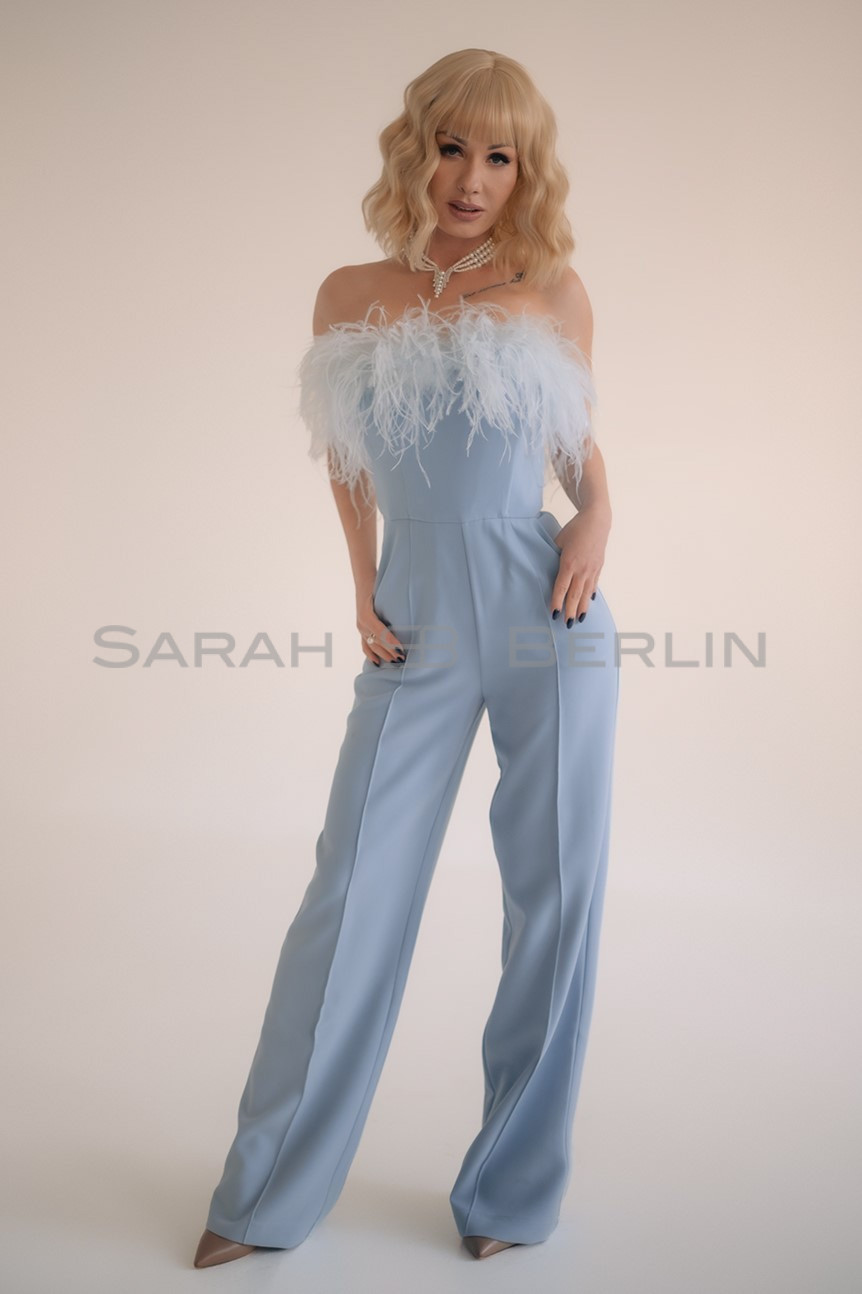Overalls with feathers