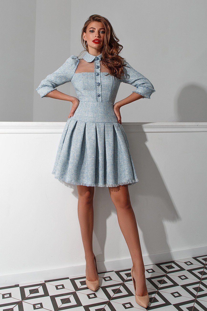 Ariel tweed dress with plaits at the skirt