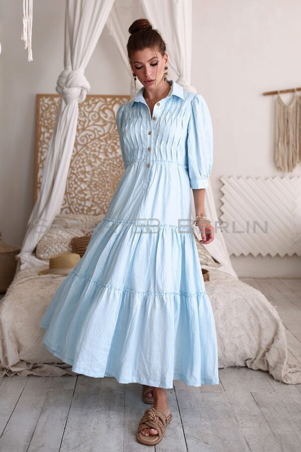 Floor-length linen dress with puffs