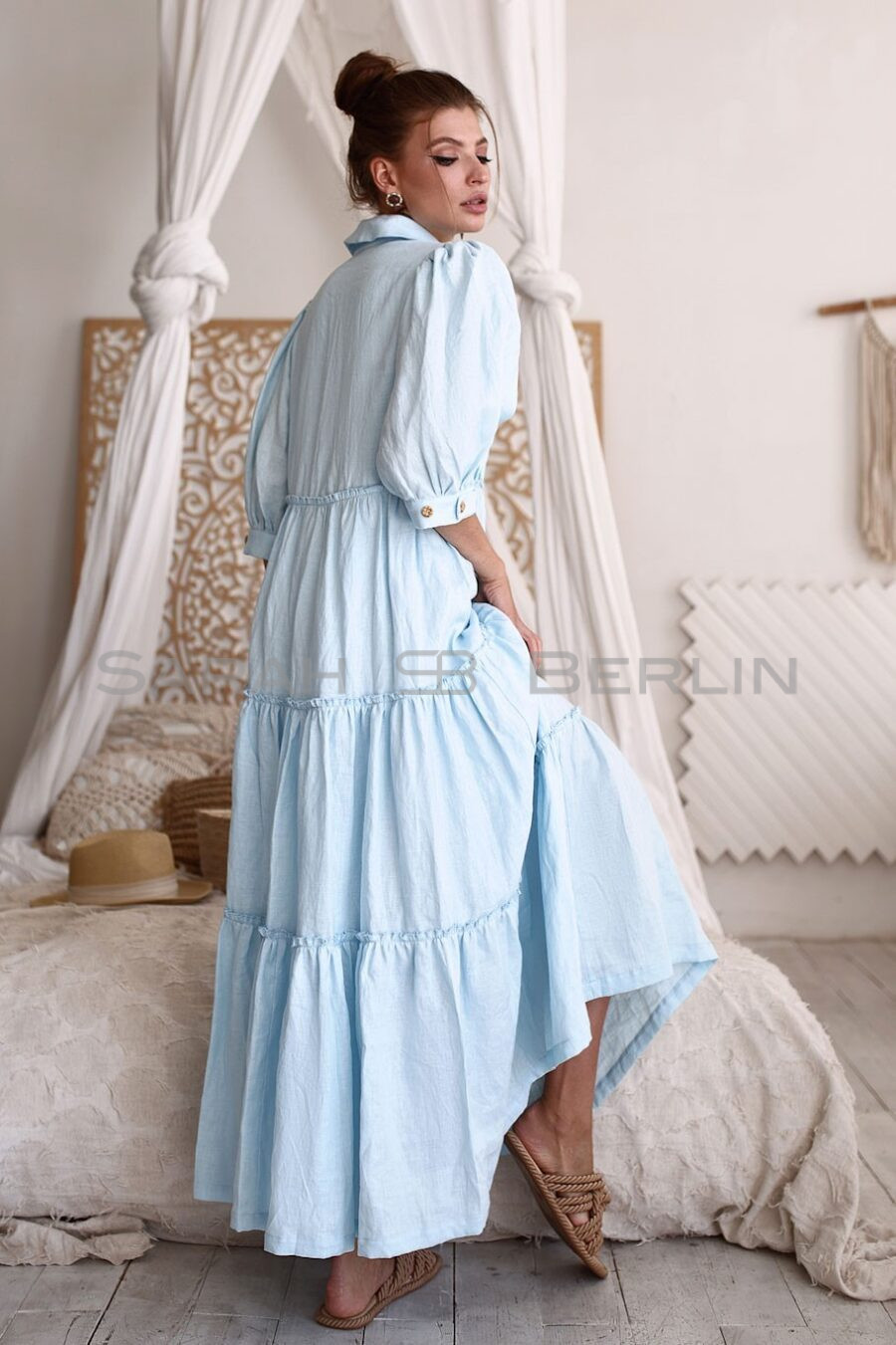Floor-length linen dress with puffs
