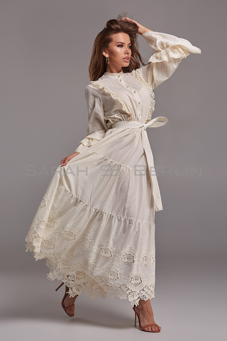 Cotton dress in the floor with embroidery and lace