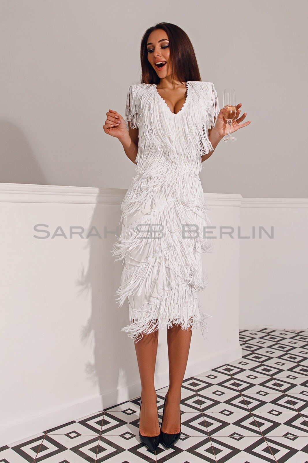 Off-the-shoulder silhouette dress with sequin fringe - Sarah Berlin
