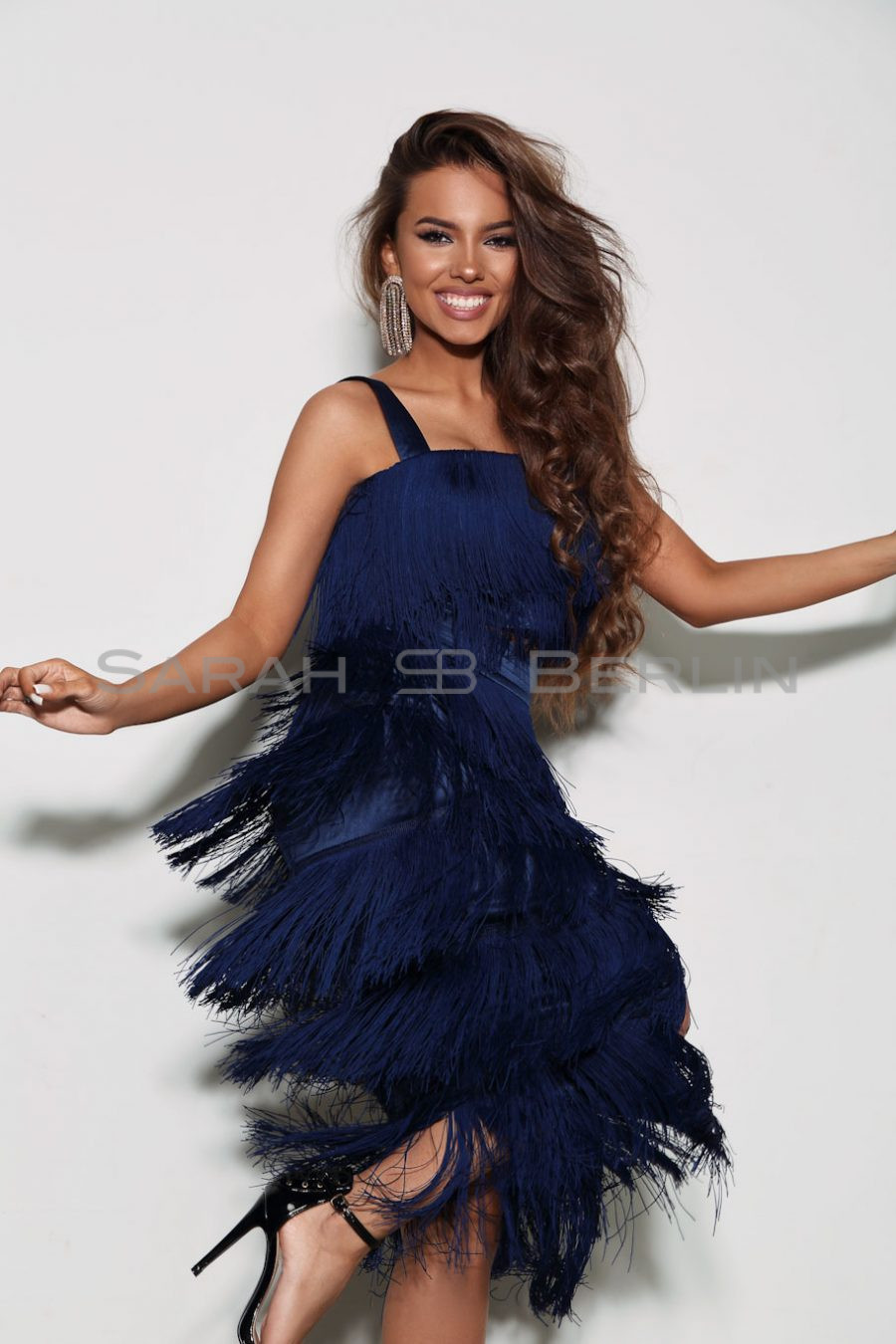 Suit, with a short silk fringe 15-20 cm: top and midi skirt