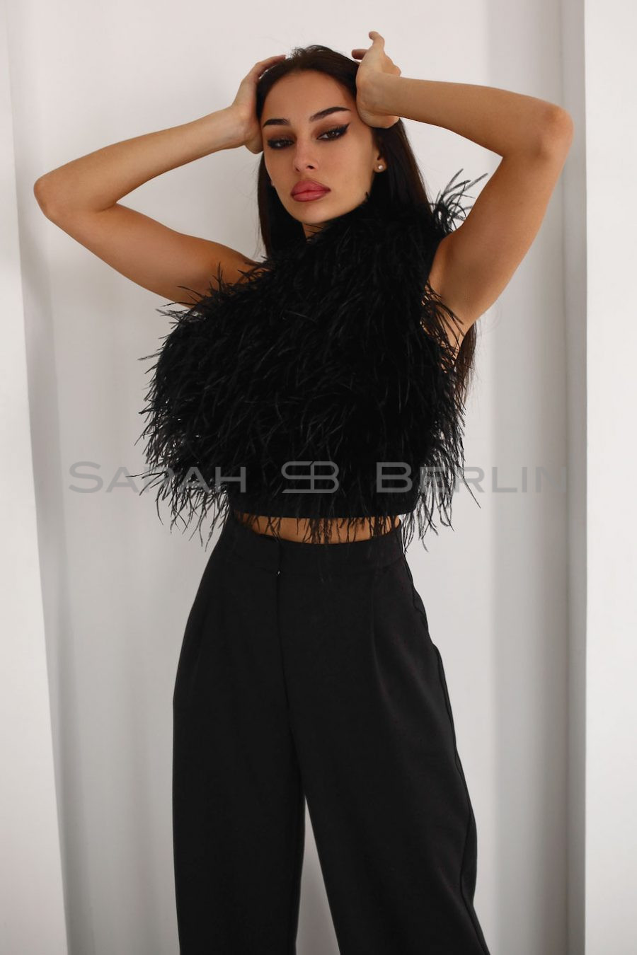 Suit with feathers one shoulder crop top with wide leg pants