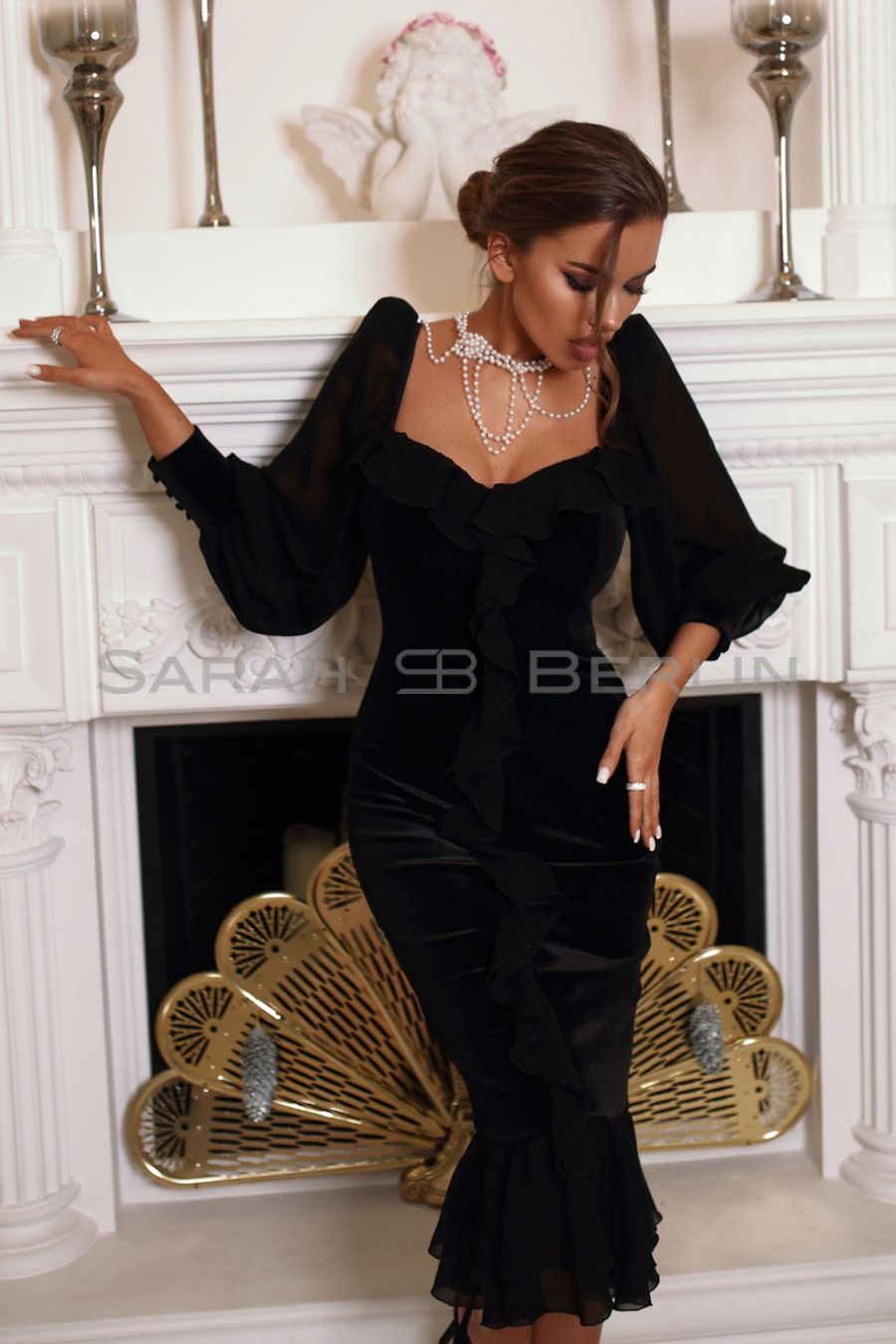 Velvet dress with ruffles and chiffon sleeves