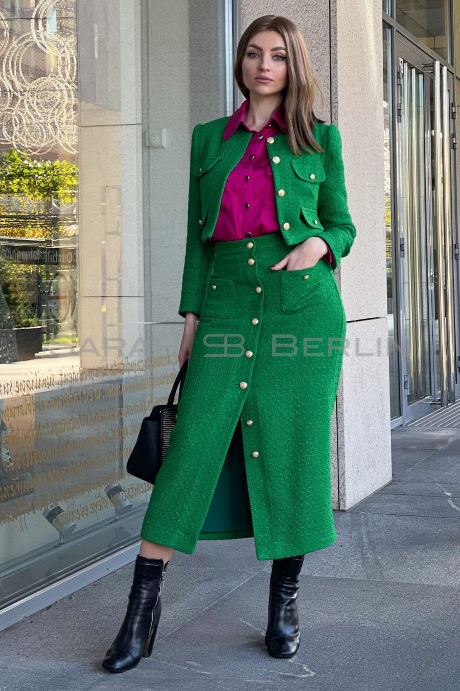Two-piece tweed suit - collarless jacket and skirt