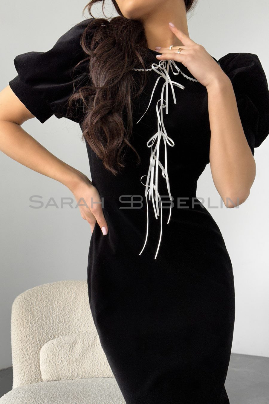 Italian velvet silhouette dress with white bows