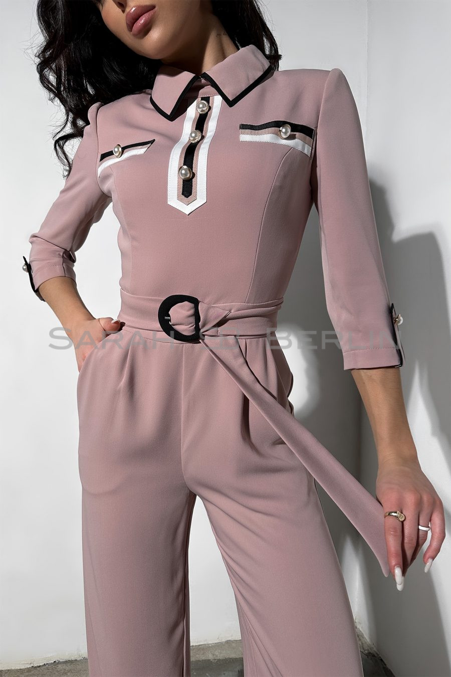 Jumpsuit with collar, with contrasting trim, with belt