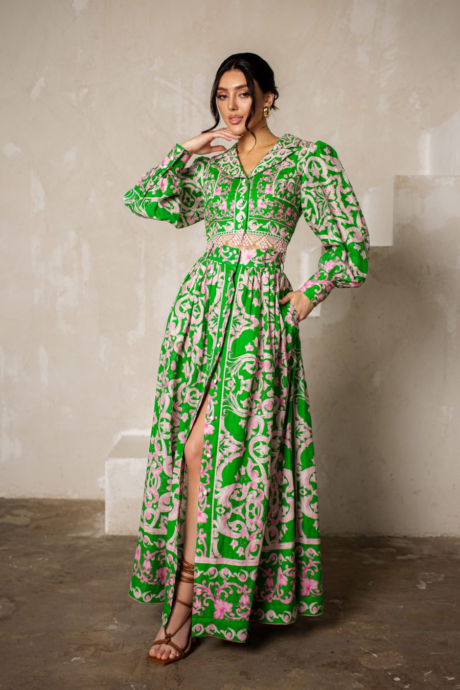 Two-piece suit: top and long skirt, made of Italian linen with print