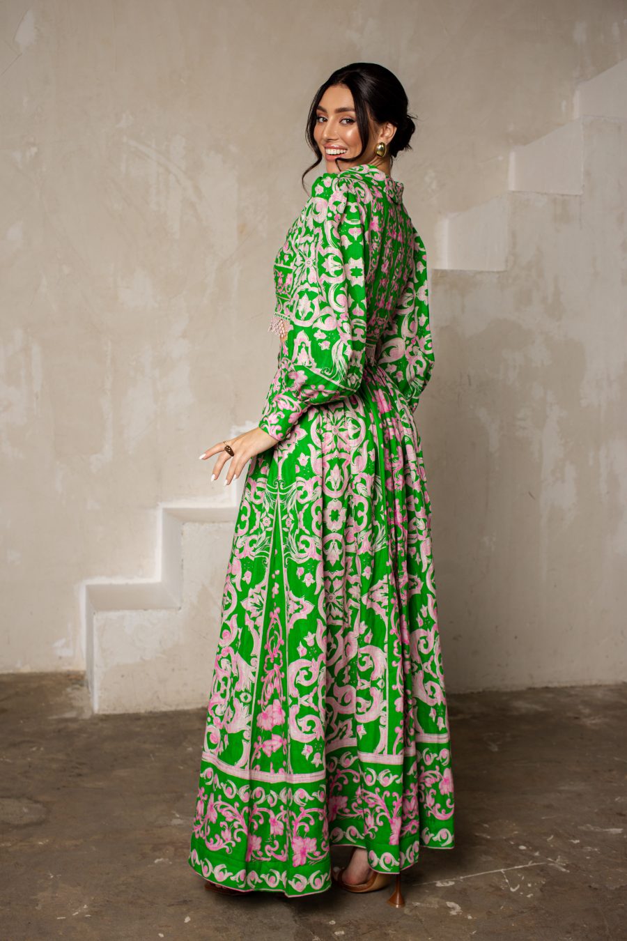 Two-piece suit: top and long skirt, made of Italian linen with print